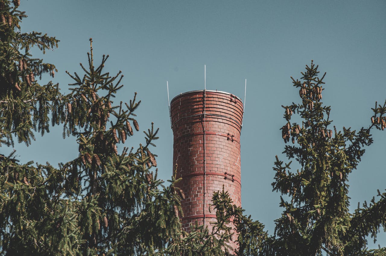 Red brick chimney surrounded by evergreen trees against a clear blue sky.